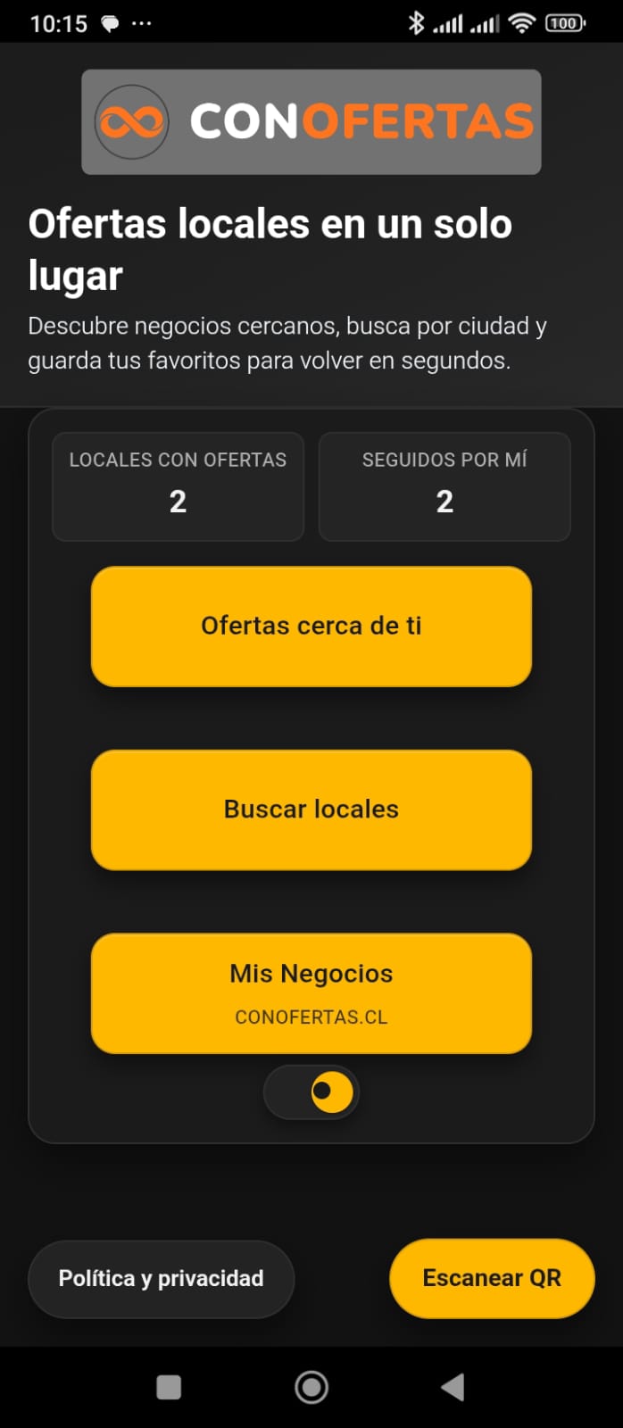 Pantalla principal de la app CONOFERTAS.CL